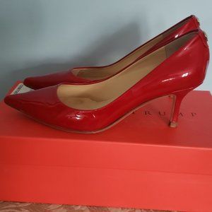 Candy red patent leather pumps, size 6.5